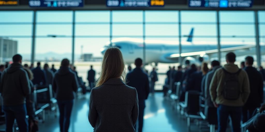 Avión en aeropuerto con pasajeros esperando